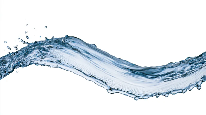 Flowing arc of clear blue water mid-splash curving across white background