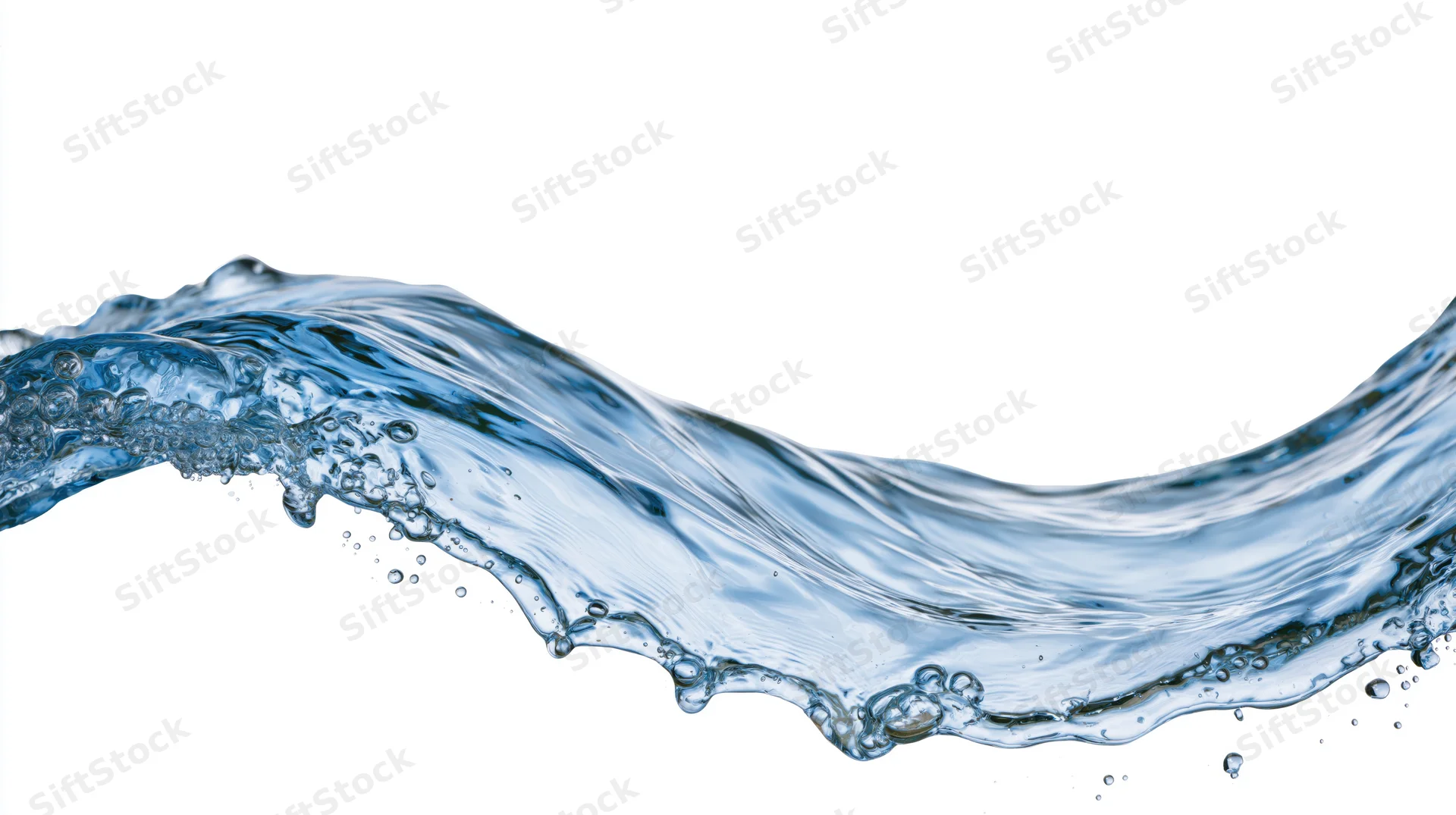 Flowing arc of clear blue water mid-splash curving across white background