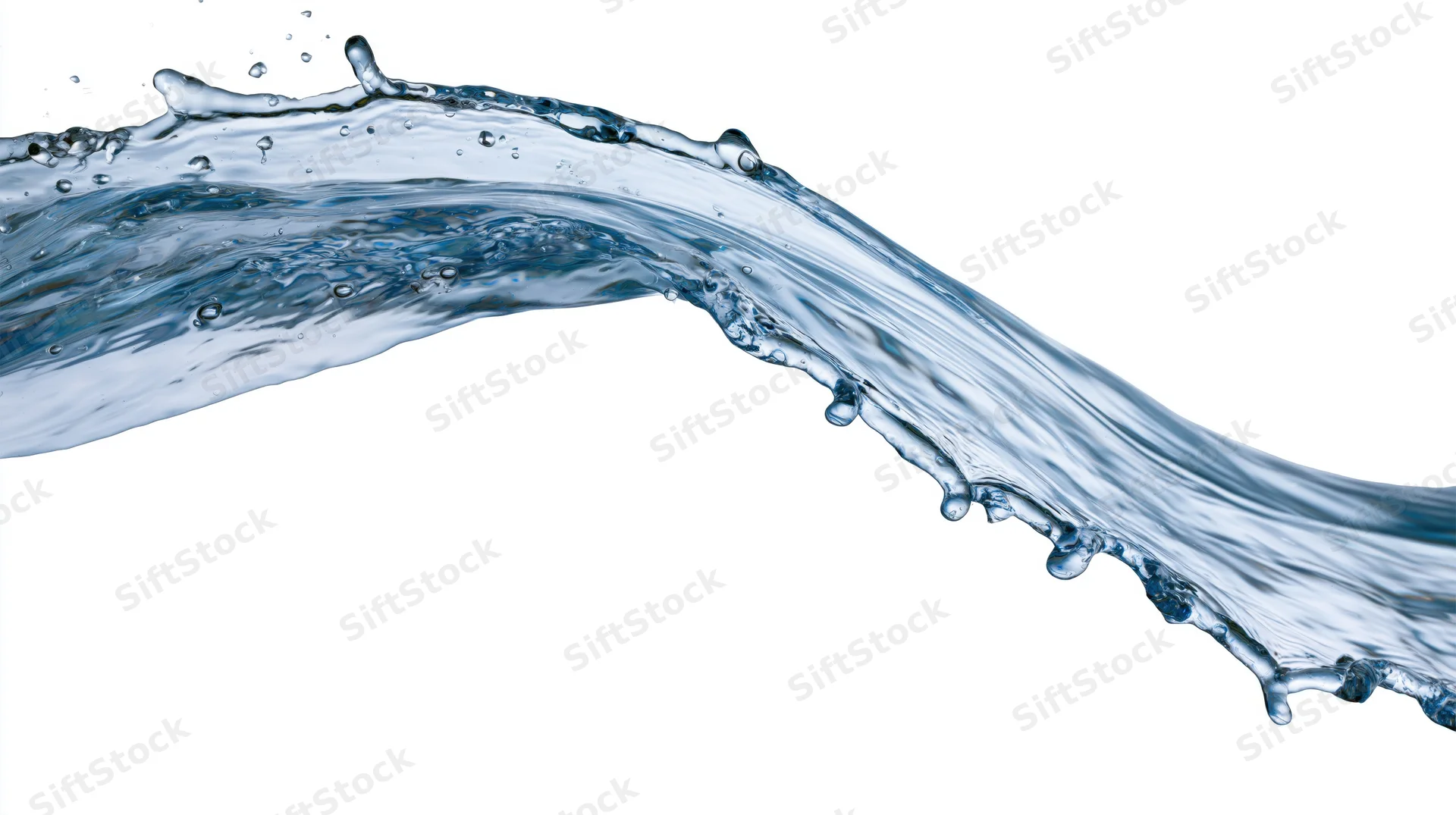 A flowing arc of clear blue water mid-splash curving in a smooth arc against white background