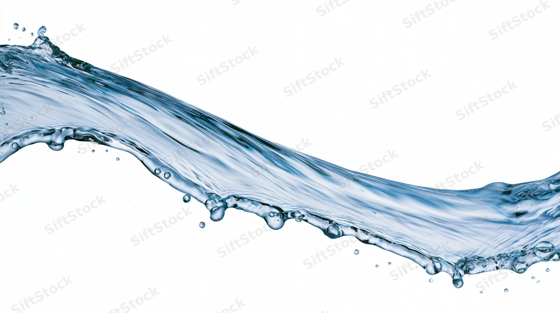 Flowing arc of clear blue water mid-splash curving across white background