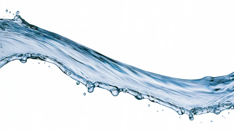 Flowing arc of clear blue water mid-splash curving across white background