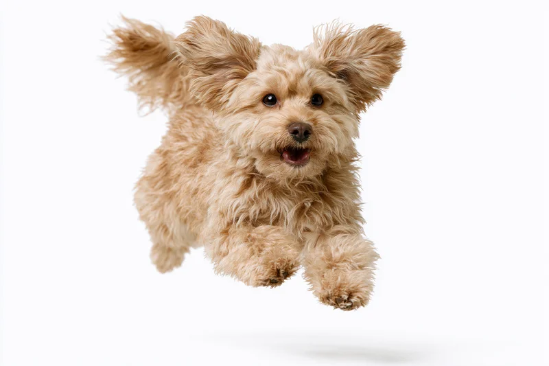 Fluffy apricot maltipoo mid-leap in studio against white background