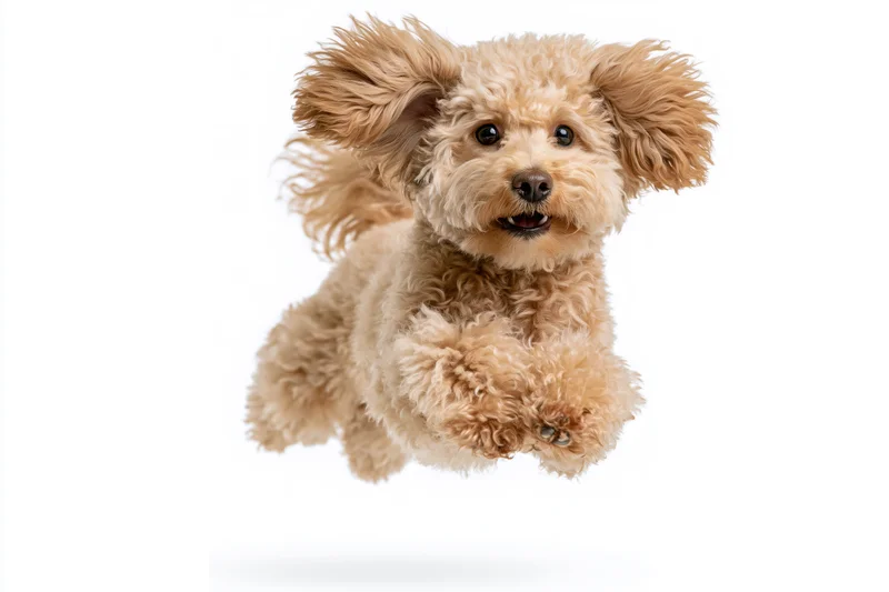 Apricot fluffy toy poodle mid-leap against white background