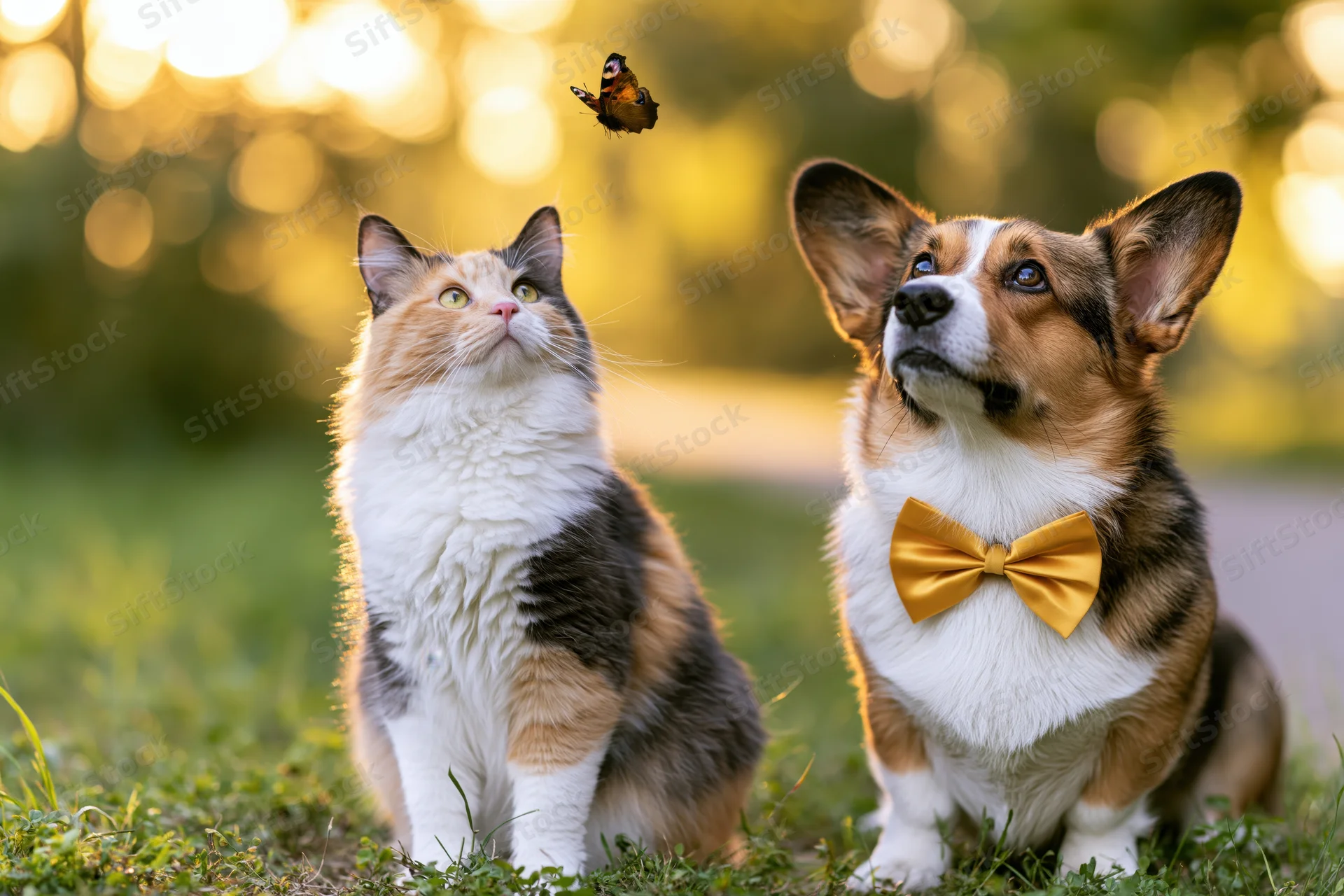 Calico cat and pembroke welsh corgi sitting on grass looking up at a butterfly in sunlight