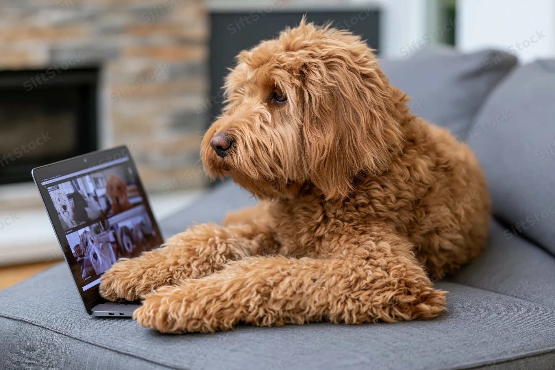 Golden labradoodle resting on gray couch with laptop displaying video call, fireplace in background