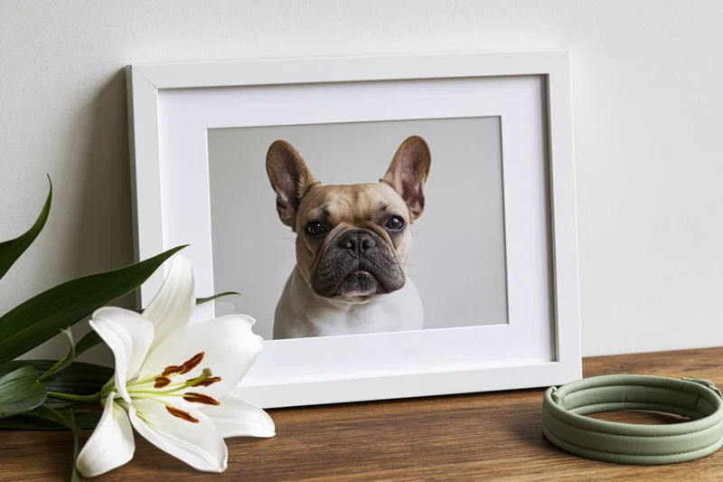Framed portrait of a frenchbulldog on a wooden surface beside a white lily and green headphones