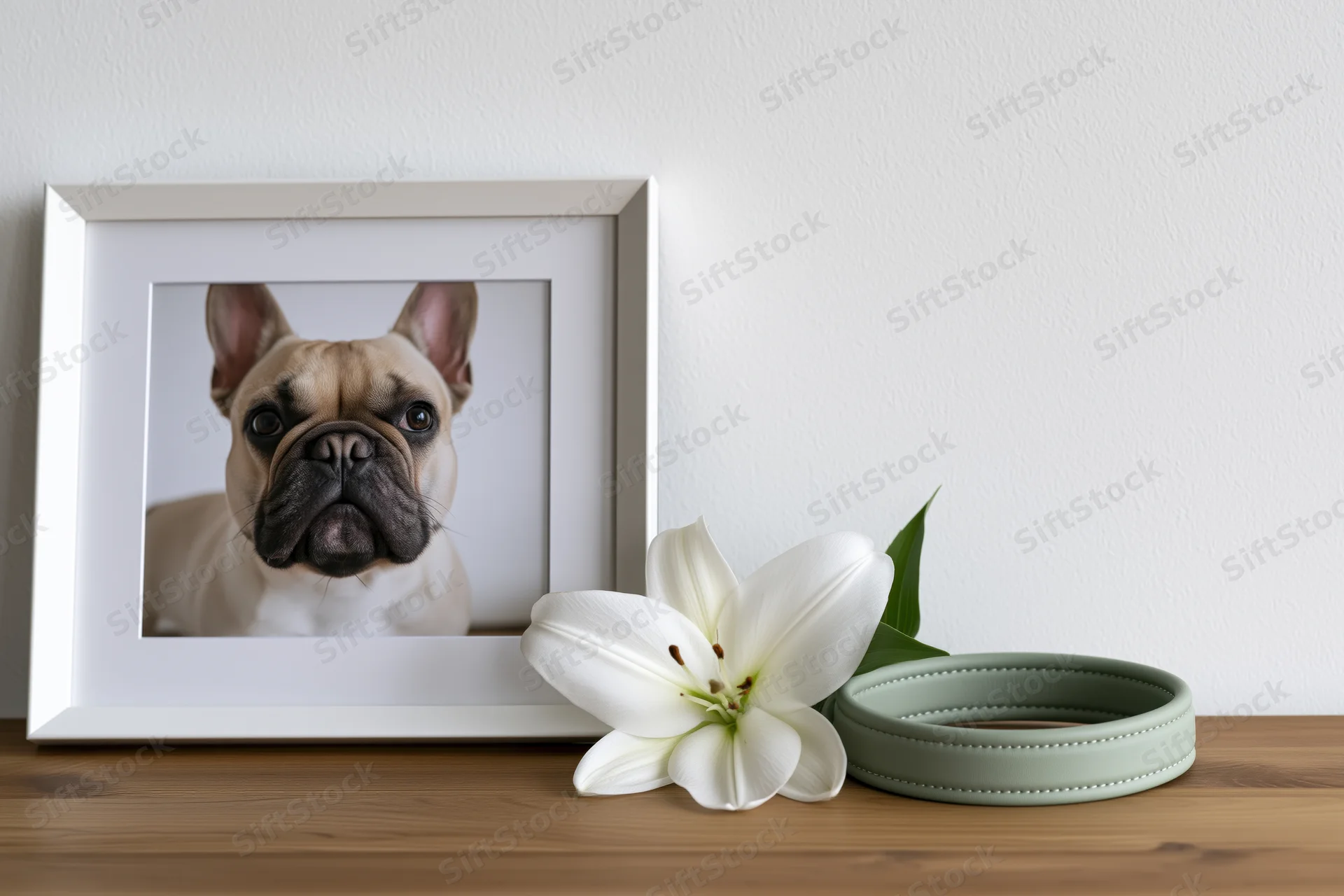 Framed photo of a frenchbulldog on a wooden surface beside a white lily and a green collar