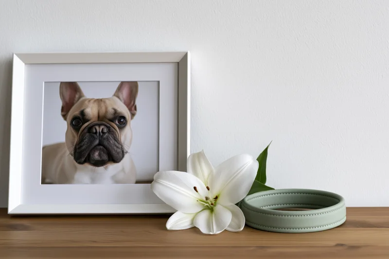 Framed photo of a frenchbulldog on a wooden surface beside a white lily and a green collar