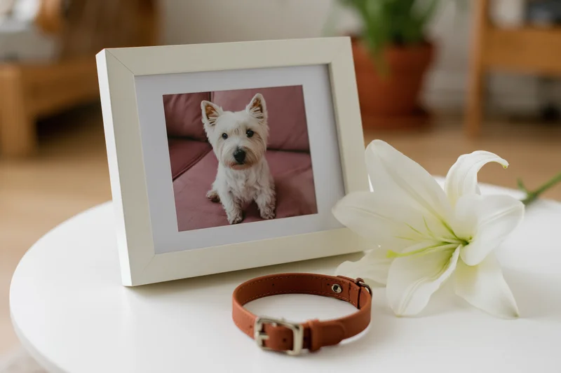 Framed photo of a small white terrier dog on a pink couch beside a leather collar and white lily on a white table