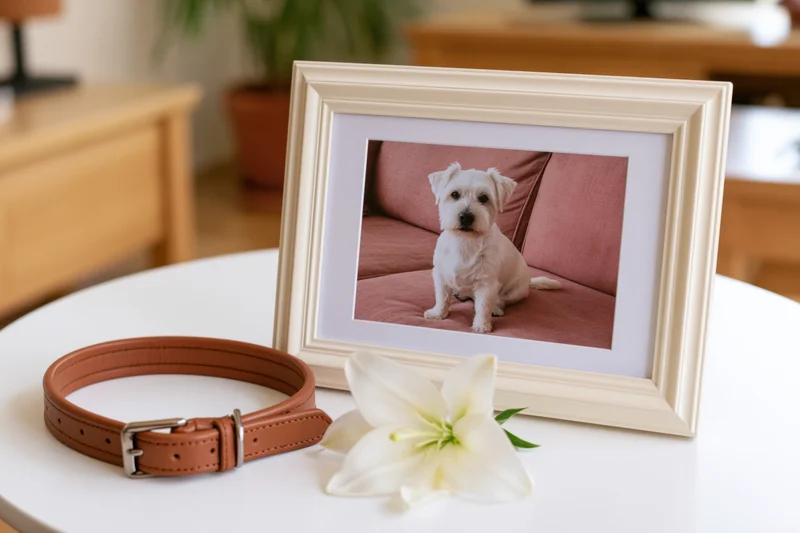 Framed photo of a white terrier dog on a pink couch beside a leather collar and white lily on a table