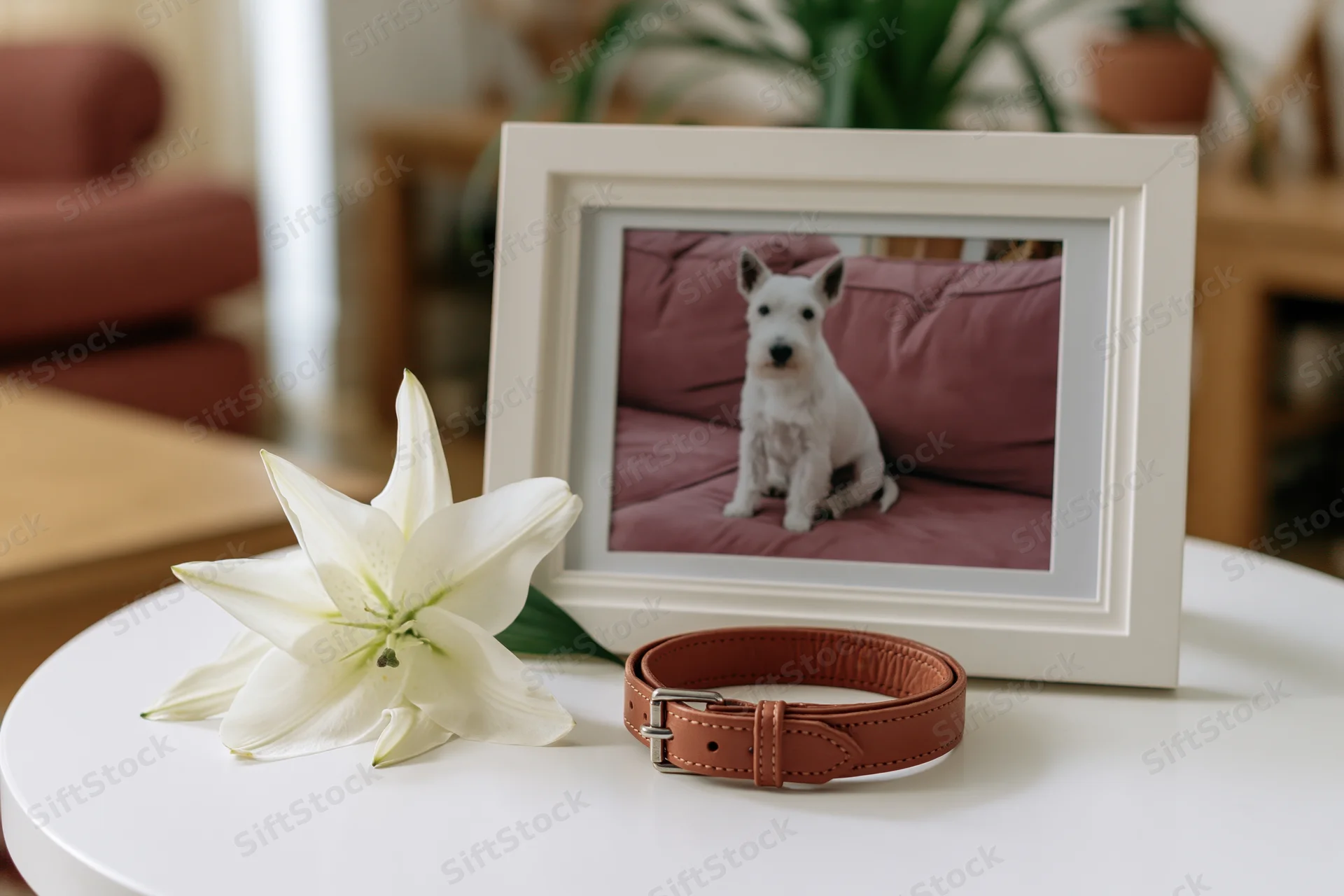 Framed photo of a white terrier dog on a pink couch beside a leather collar and white lily on a table