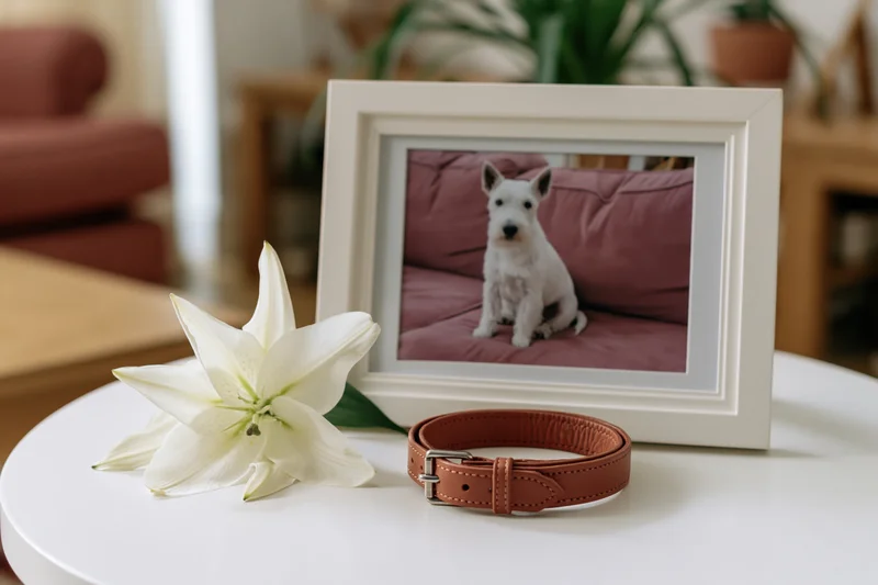 Framed photo of a white terrier dog on a pink couch beside a leather collar and white lily on a table