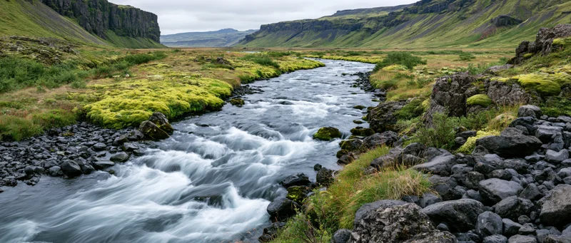 Glacial river rushing over dark volcanic rocks through a green valley