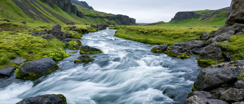 Glacial river rushing over dark volcanic rocks through a green valley