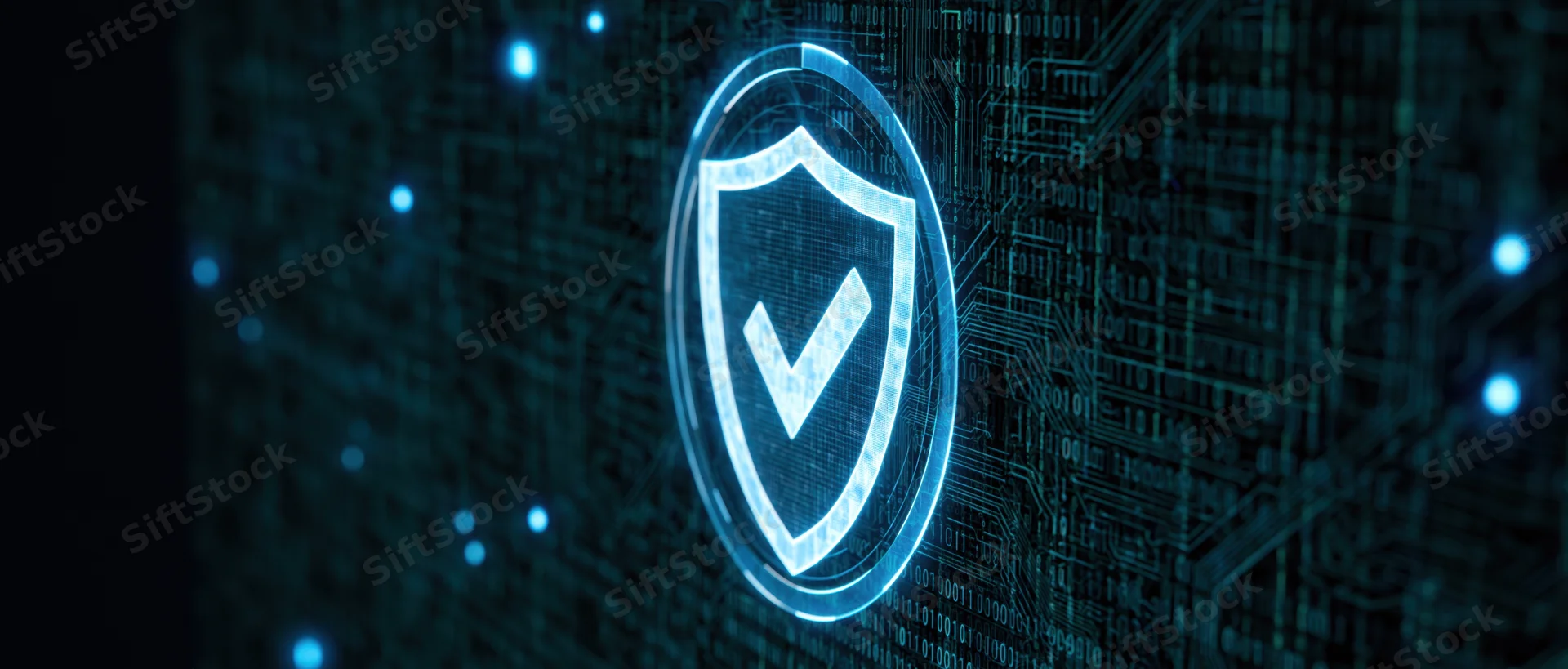 Glowing digital security shield with checkmark on circuit board background