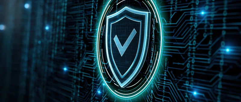 Glowing digital security shield with checkmark on circuit board background