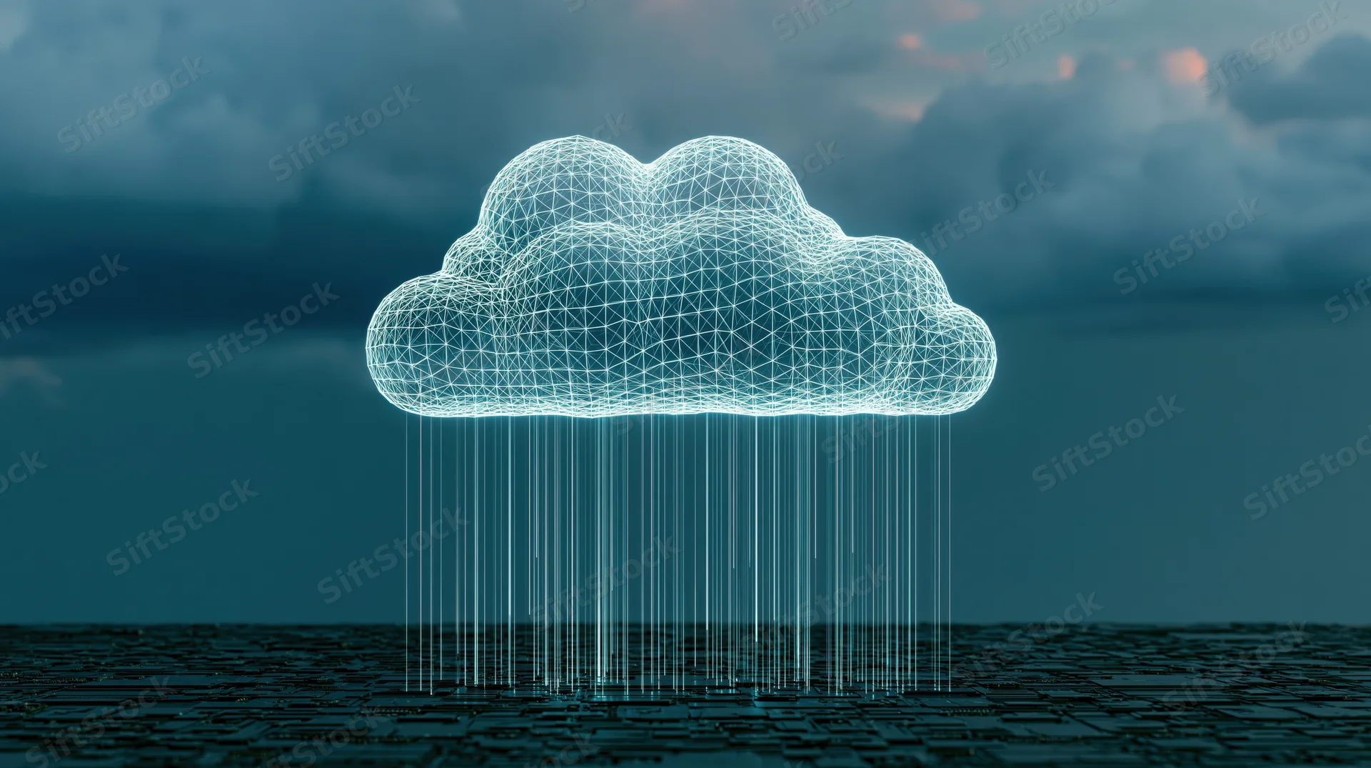 Glowing wireframe cloud hovering above dark circuit board surface