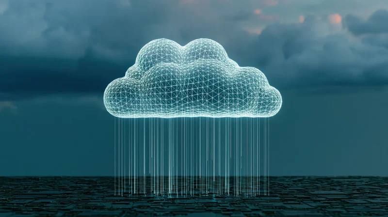 Glowing wireframe cloud hovering above dark circuit board surface