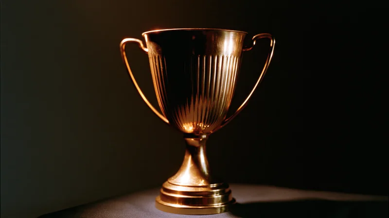 Gold championship trophy cup on dark surface under spotlight