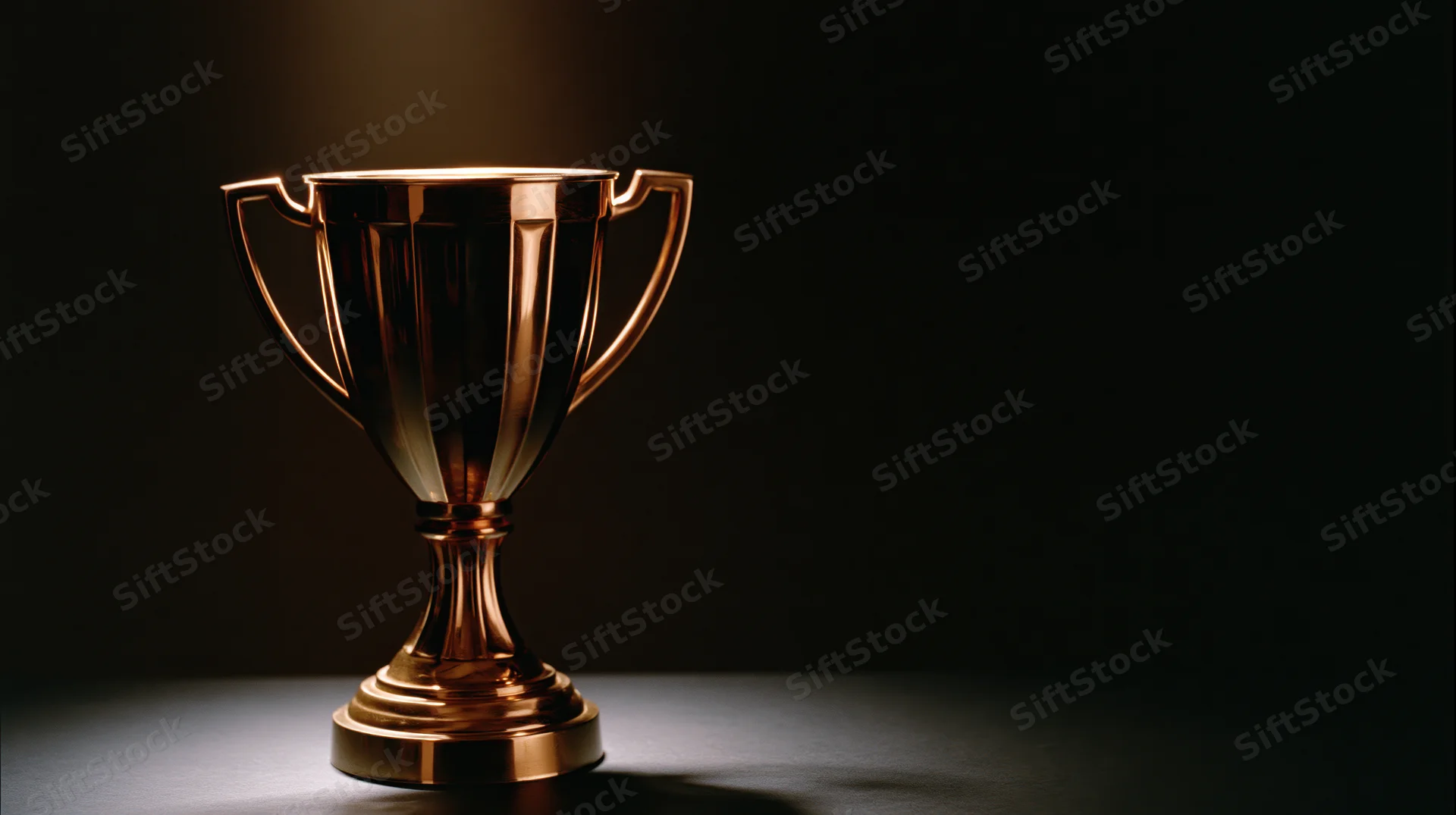 Gold championship trophy on dark surface under spotlight