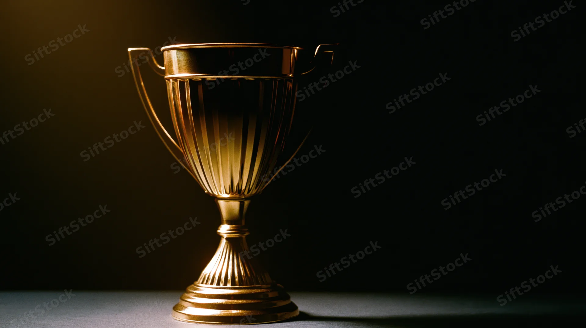 Gold championship trophy cup on dark surface under spotlight
