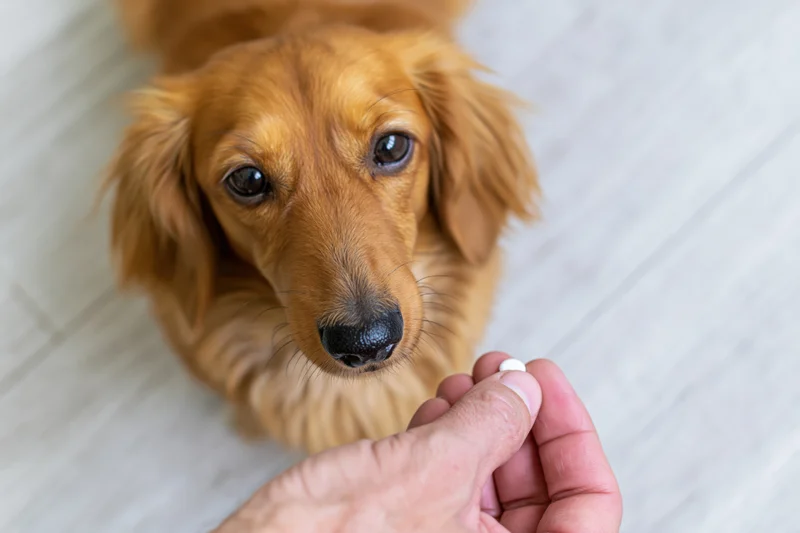 Long-haired dachshund looking up at hand holding a pill on wooden floor