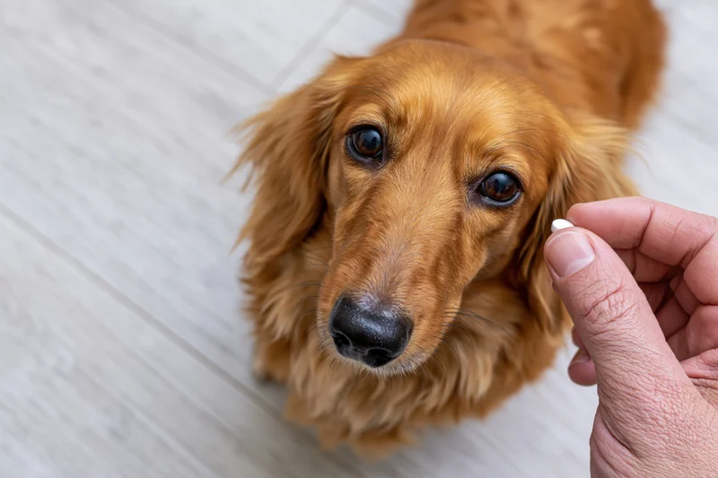 Longhaired dachshund looking up at hand holding pill on wooden floor
