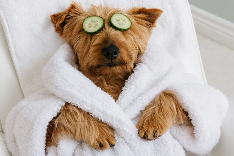 Golden-brown terrier dog lying back in white bathrobe with cucumber slices on eyes on spa chair