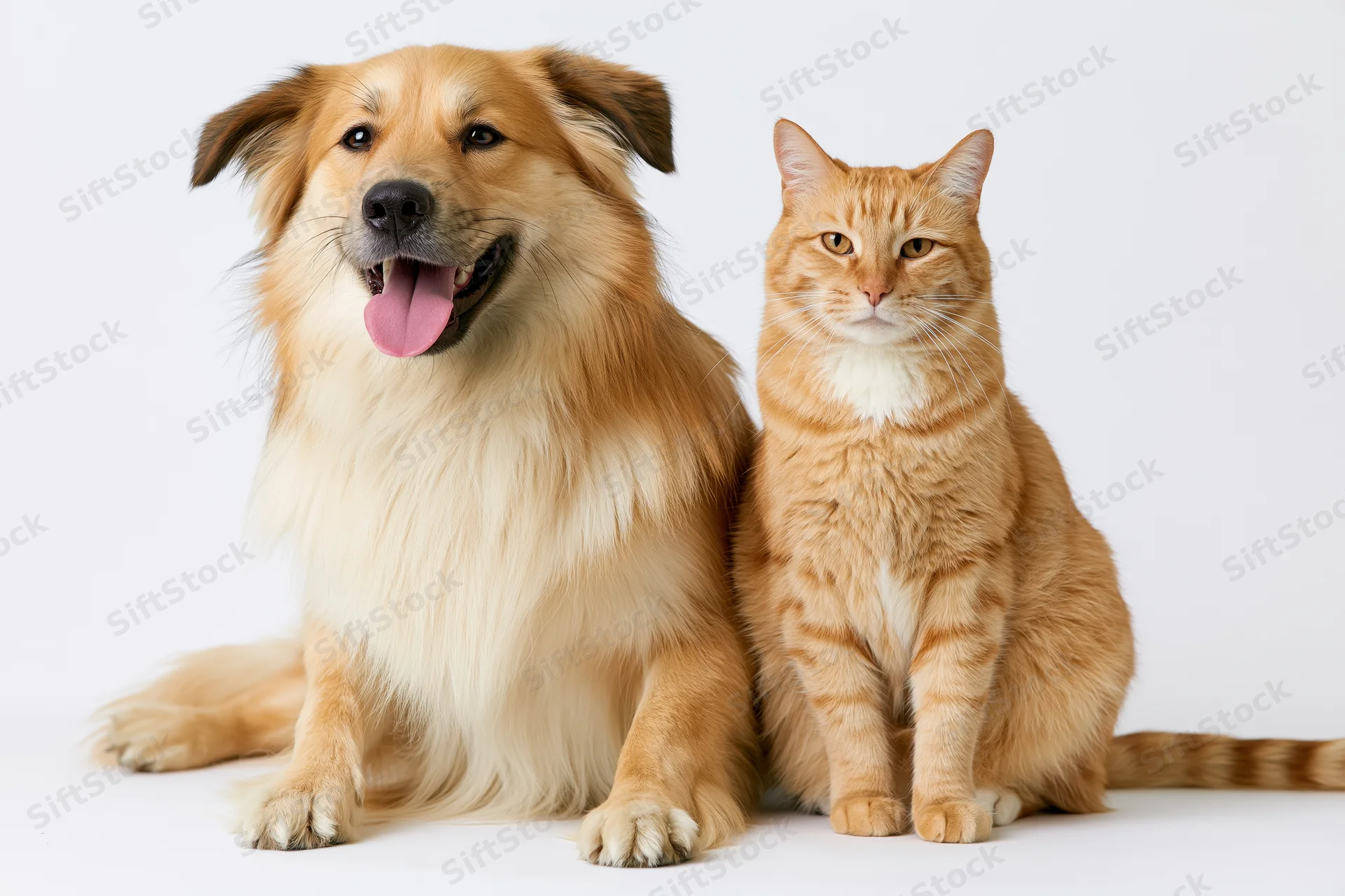Golden dog and ginger cat sitting side by side in studio on white background