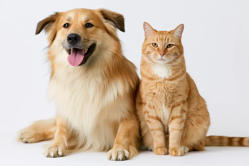 Golden dog and ginger cat sitting side by side in studio on white background