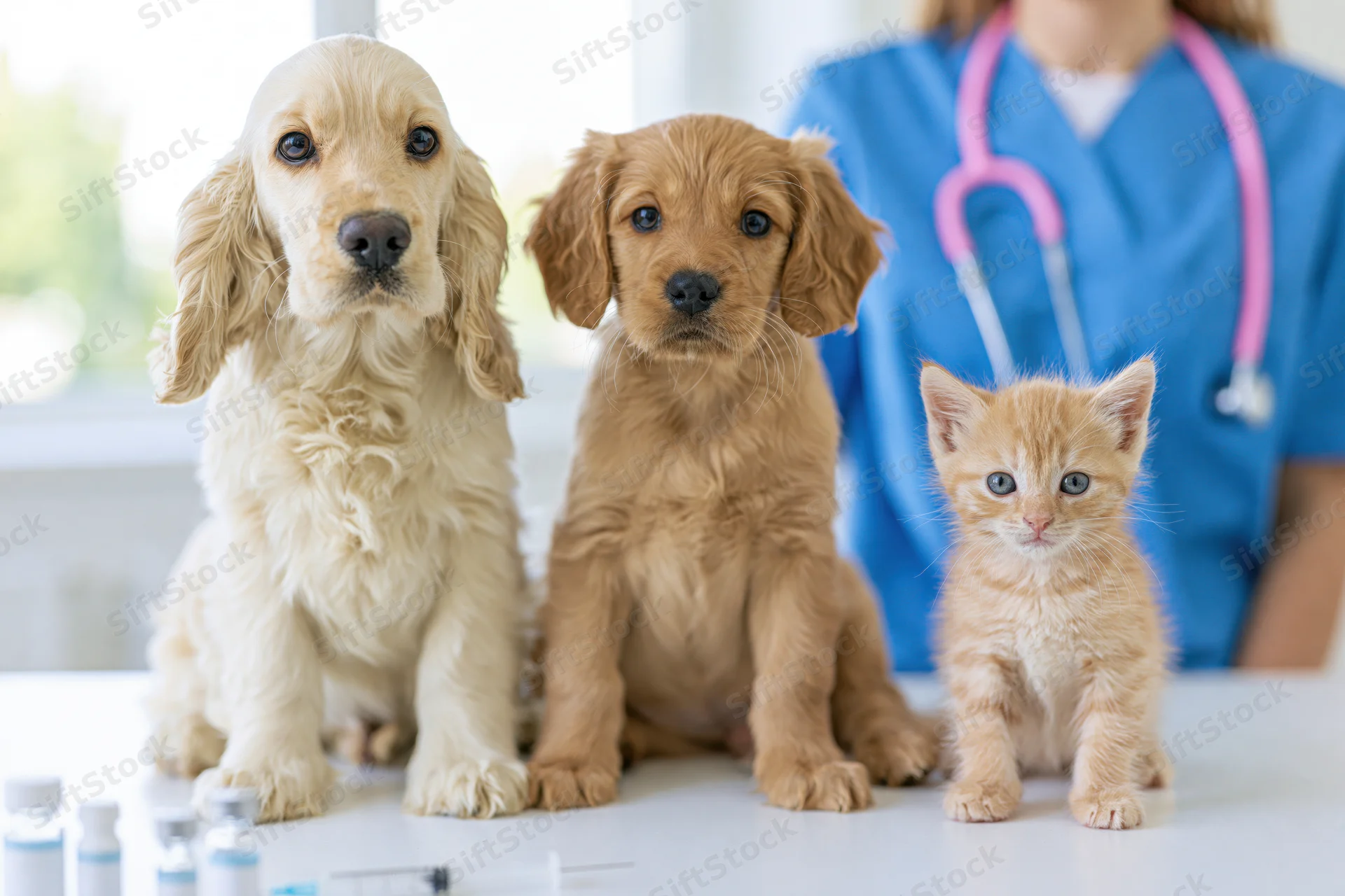 Two puppies and a kitten sitting on a table in a veterinary clinic with a veterinarian in blue scrubs standing behind them