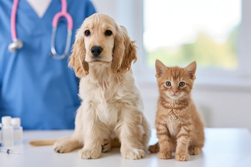 Golden cocker spaniel puppy and orange tabby kitten sitting on examination table in veterinary clinic