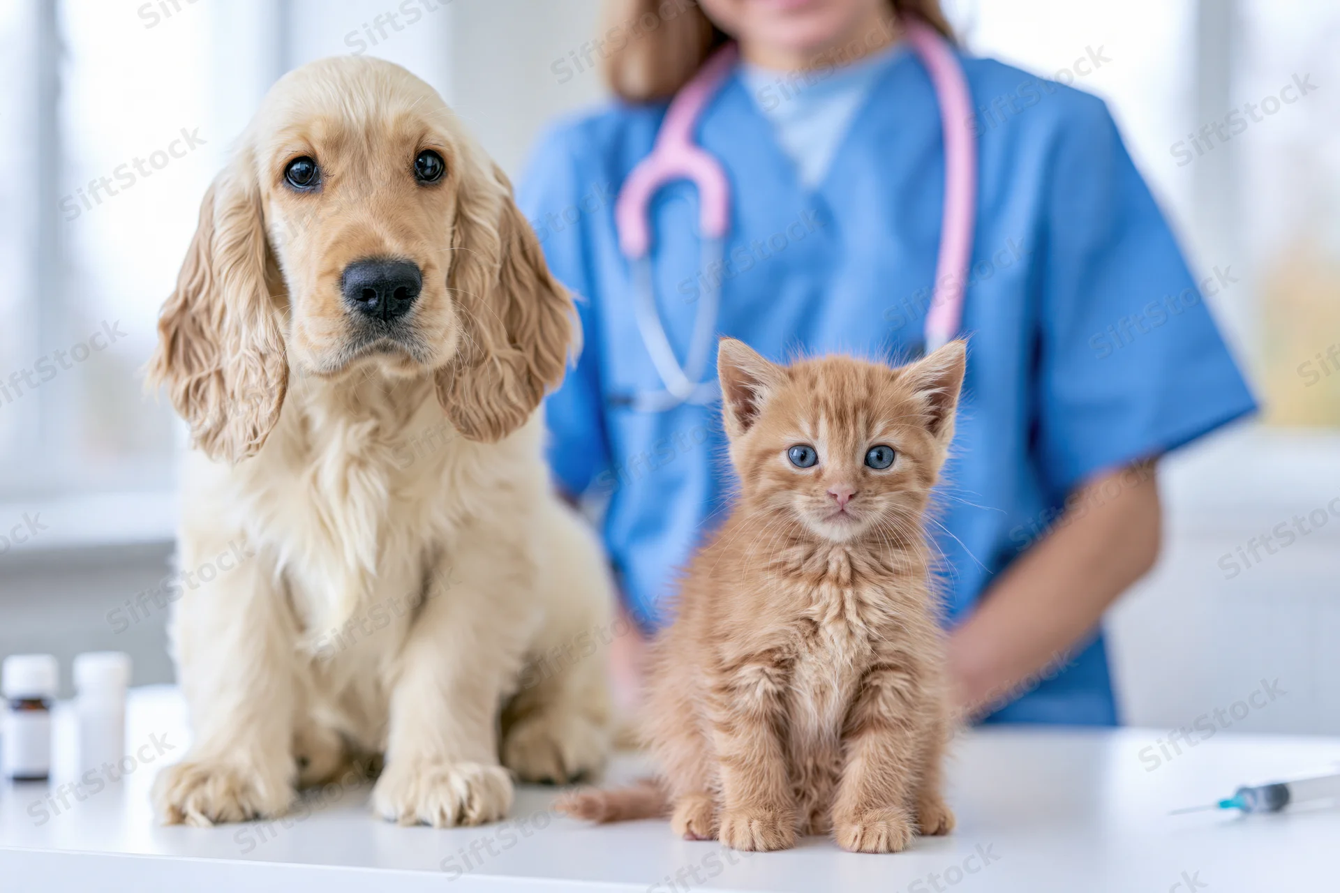 Golden cocker spaniel puppy and orange tabby kitten sitting on table in veterinary clinic with veterinarian in blue scrubs behind them