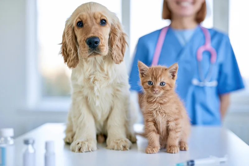 Golden cocker spaniel puppy and orange tabby kitten sitting on examination table in veterinary clinic with veterinarian in background