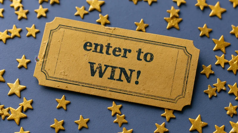 Golden raffle ticket reading enter to win on blue surface with scattered gold stars