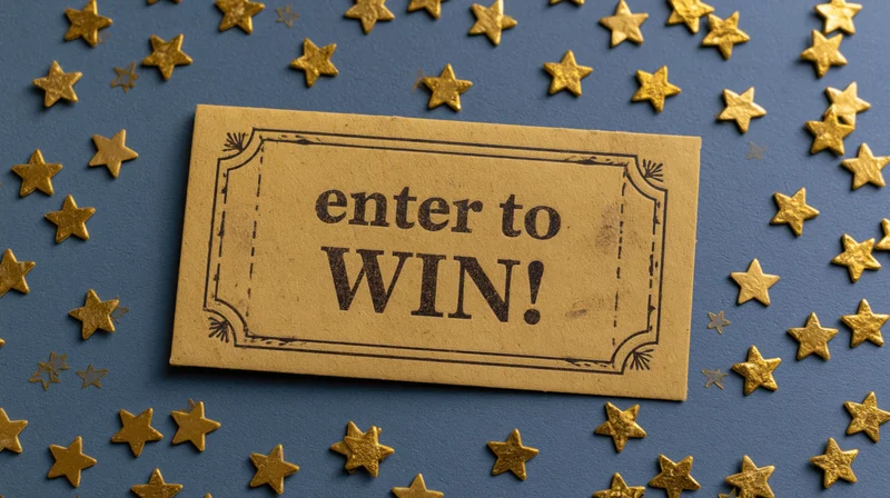Golden raffle ticket with enter to win text on blue background surrounded by star confetti