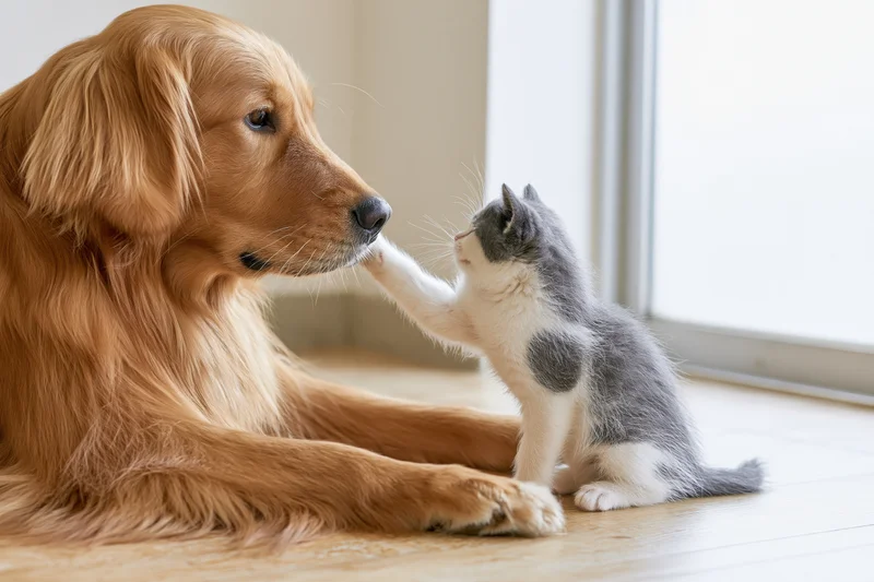 Golden retriever lying on wood floor while kitten touches its nose with paw indoors