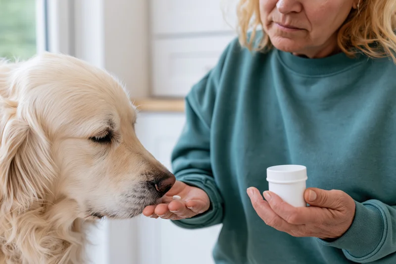 Senior woman feeding a golden retriever a pill from her hand in a kitchen