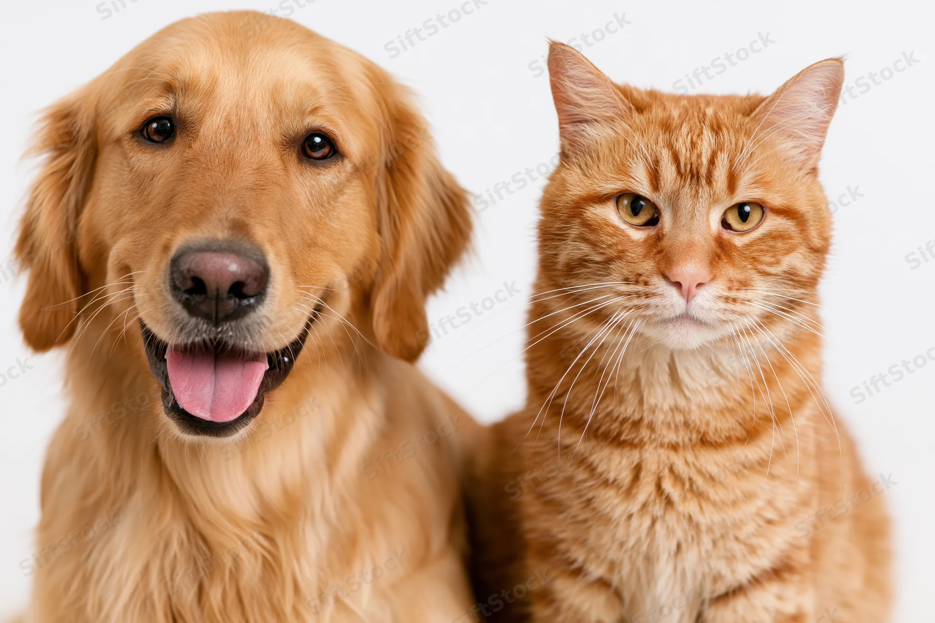 Golden retriever with open mouth and tongue out sitting beside ginger cat in studio portrait