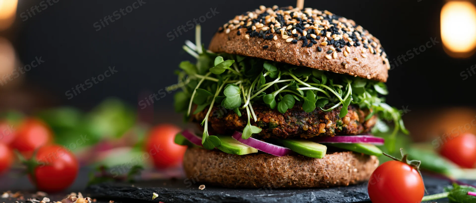 Gourmet veggie burger with microgreens and avocado on a slate board surrounded by cherry tomatoes