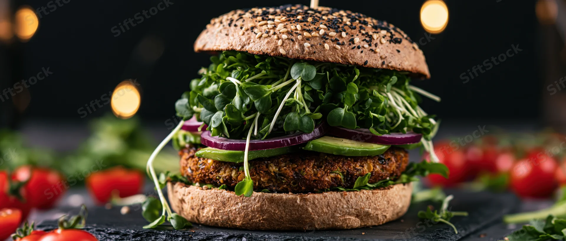 Gourmet veggie burger with plant-based patty, microgreens, avocado, and red onion on sesame bun, served on dark slate with cherry tomatoes around