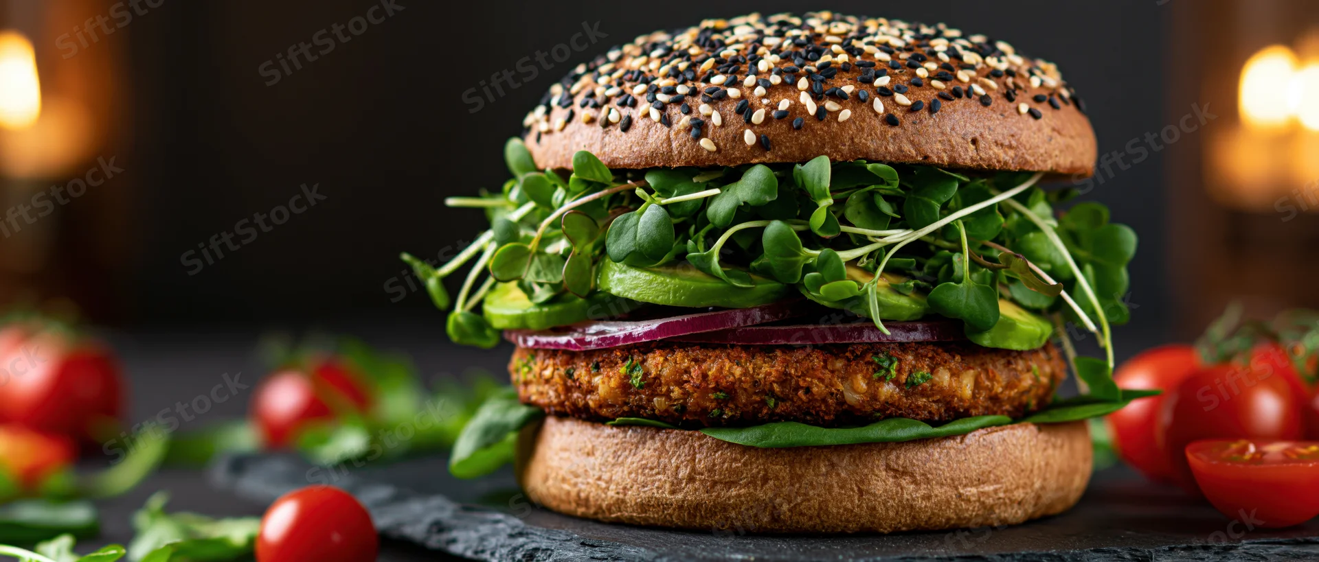 Gourmet veggie burger with plant-based patty, microgreens, avocado, and red onion on sesame bun, served on slate with cherry tomatoes around