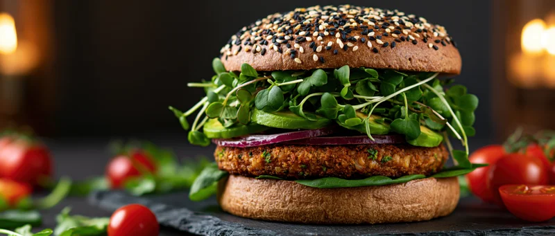 Gourmet veggie burger with plant-based patty, microgreens, avocado, and red onion on sesame bun, served on slate with cherry tomatoes around