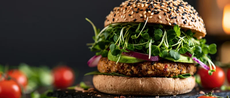 Gourmet veggie burger with plant-based patty, microgreens, avocado, and red onion on sesame bun, set against dark background with tomatoes and herbs in soft focus