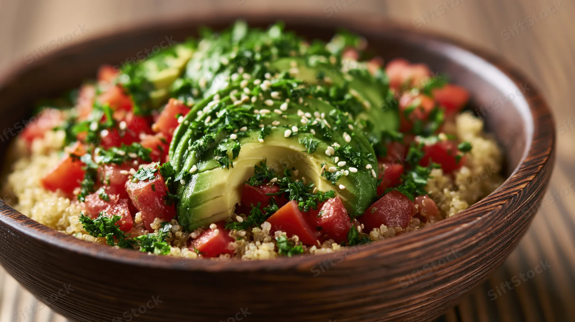 Quinoa grain bowl topped with sliced avocado and diced tomatoes in a wooden bowl