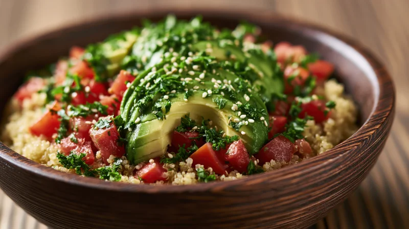 Quinoa grain bowl topped with sliced avocado and diced tomatoes in a wooden bowl