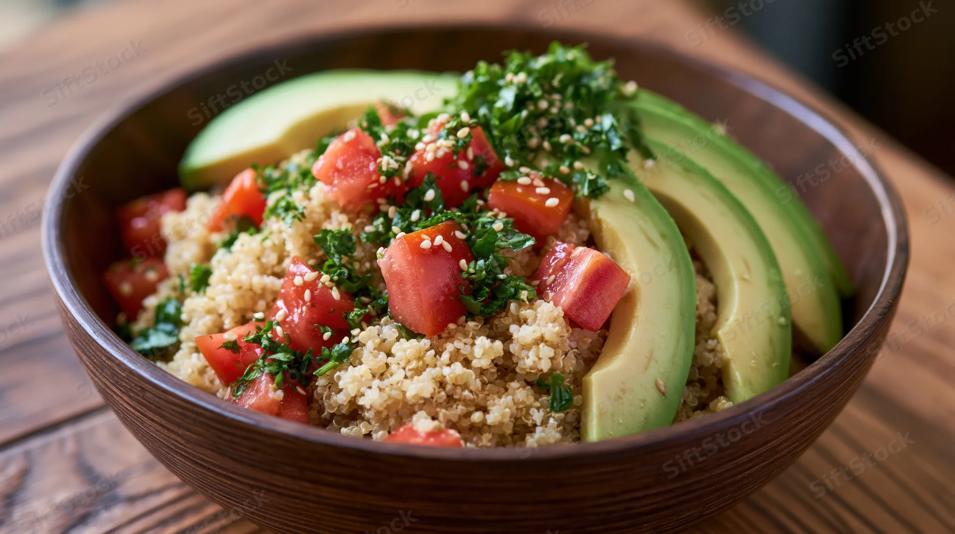 Quinoa grain bowl topped with diced tomatoes, sliced avocado, and herbs in a wooden bowl on a wooden table
