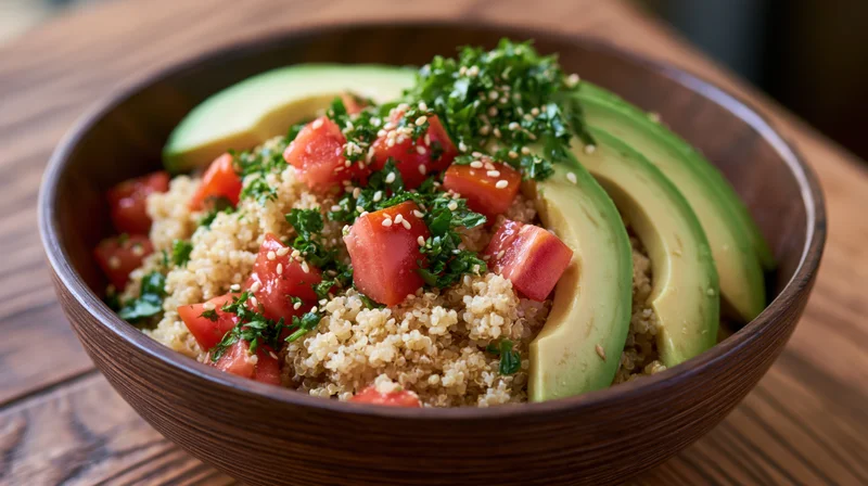 Quinoa grain bowl topped with diced tomatoes, sliced avocado, and herbs in a wooden bowl on a wooden table