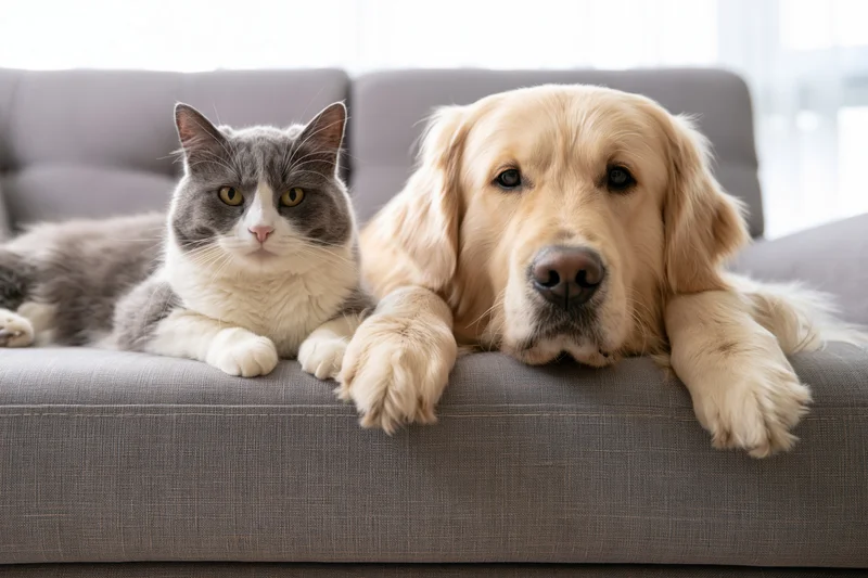 Gray-and-white cat and golden retriever lying side by side on a gray couch