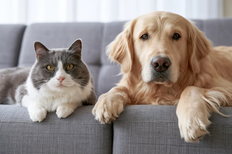 Gray-and-white cat and golden retriever lying side by side on a gray sofa indoors